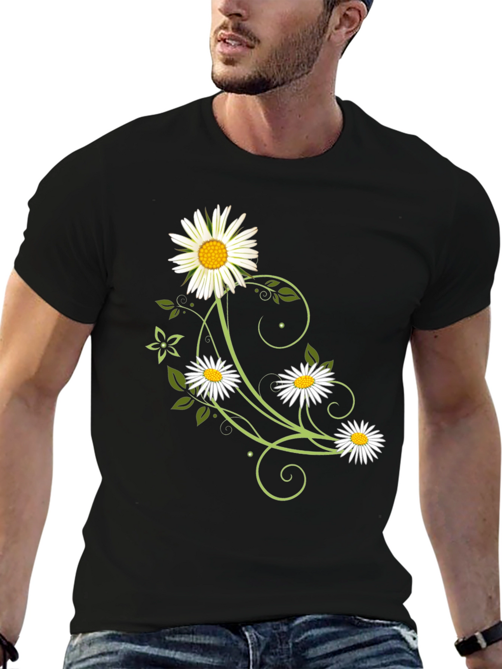 Floral Daisy Graphic Tee - Black Cotton Shirt