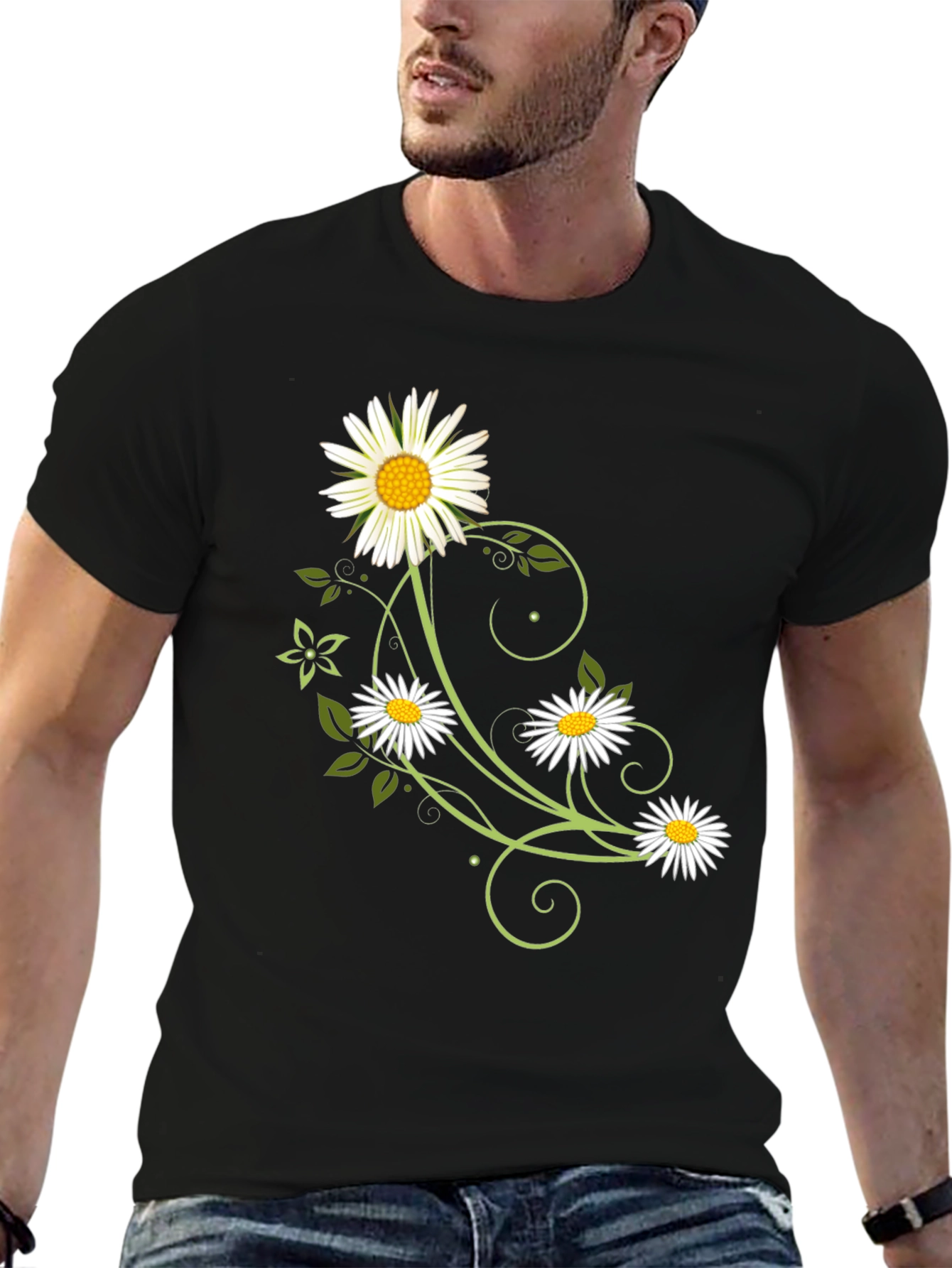 Floral Daisy Graphic Tee - Black Cotton Shirt