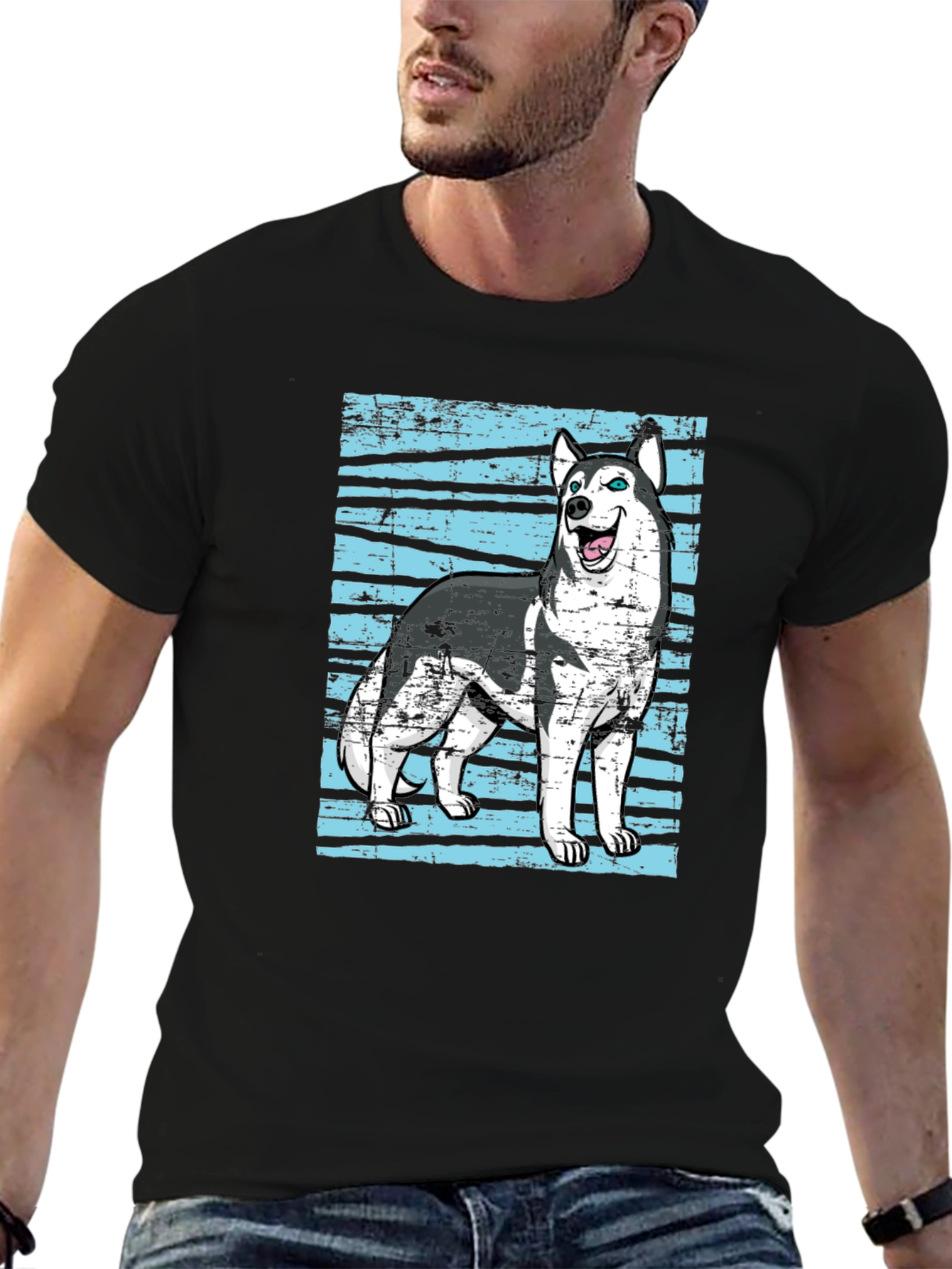 Husky Dog Graphic Print Black T-Shirt