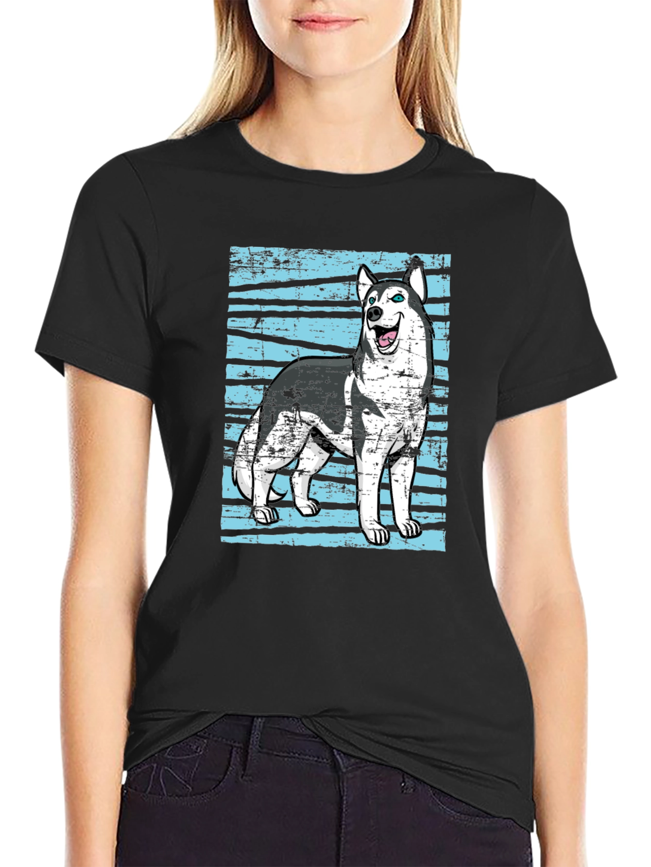 Husky Dog Graphic Print Black T-Shirt