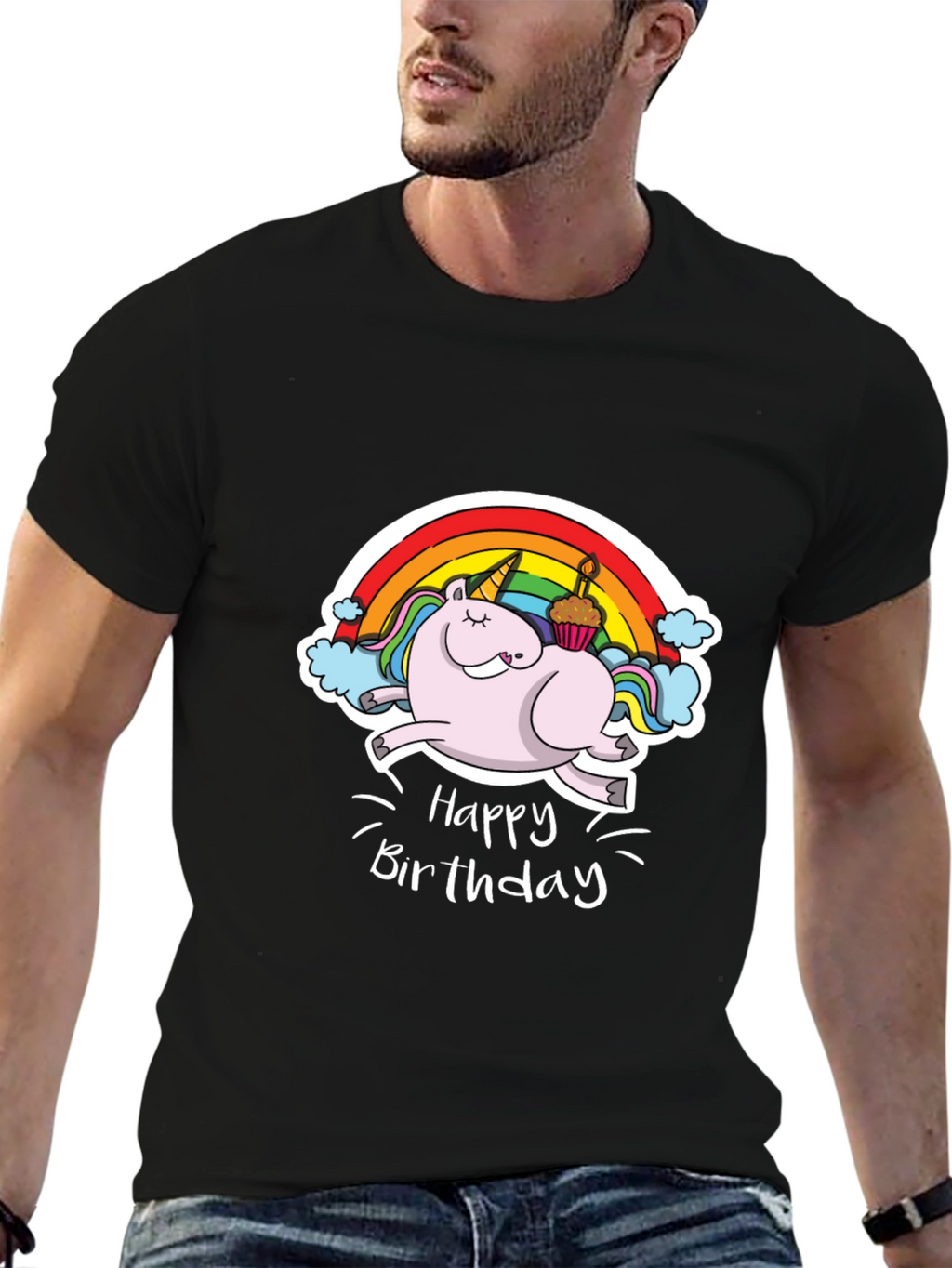 Unicorn Happy Birthday Black T-Shirt