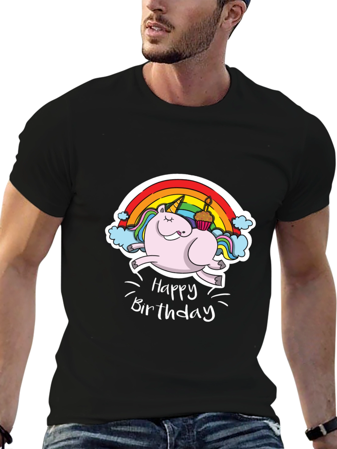 Unicorn Happy Birthday Black T-Shirt