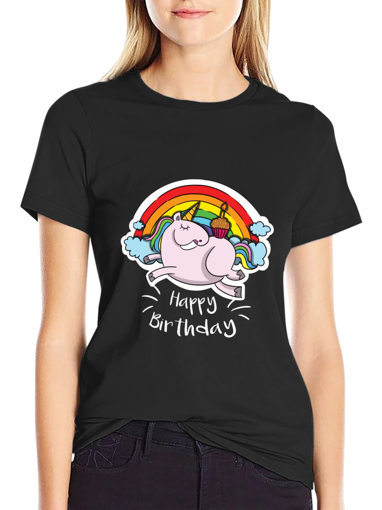 Unicorn Happy Birthday Black T-Shirt