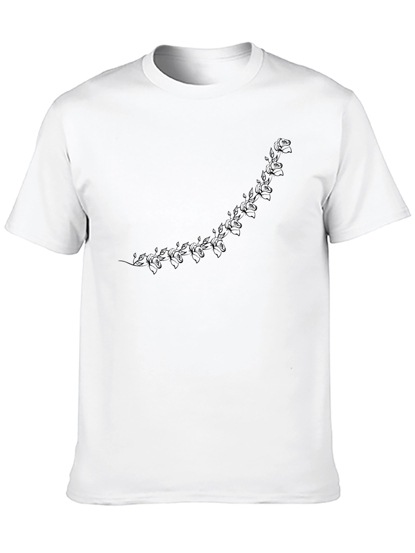 Mens Black Crew Neck T-Shirt with Floral Accent