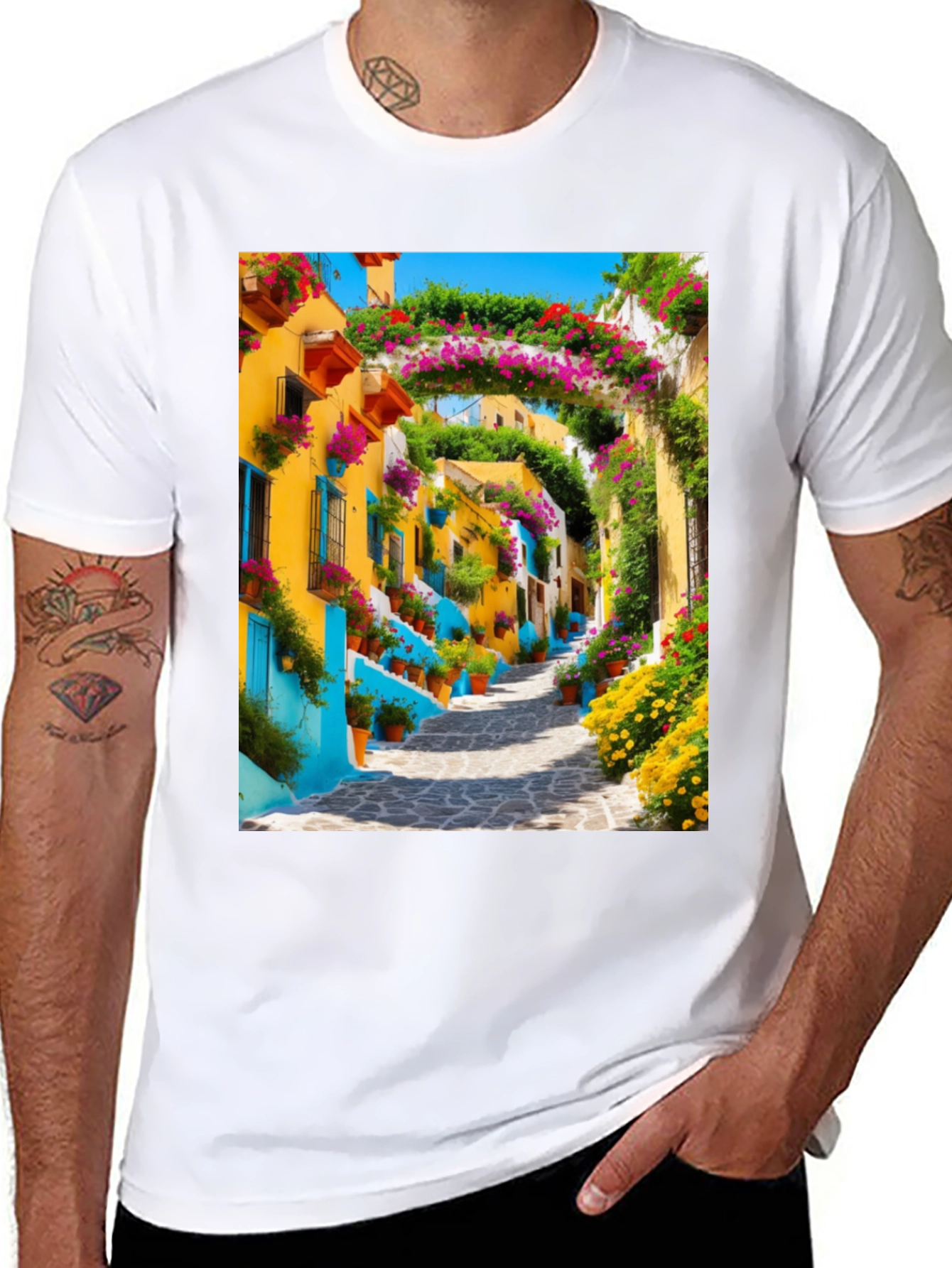Vibrant Townscape Graphic Tee - Black
