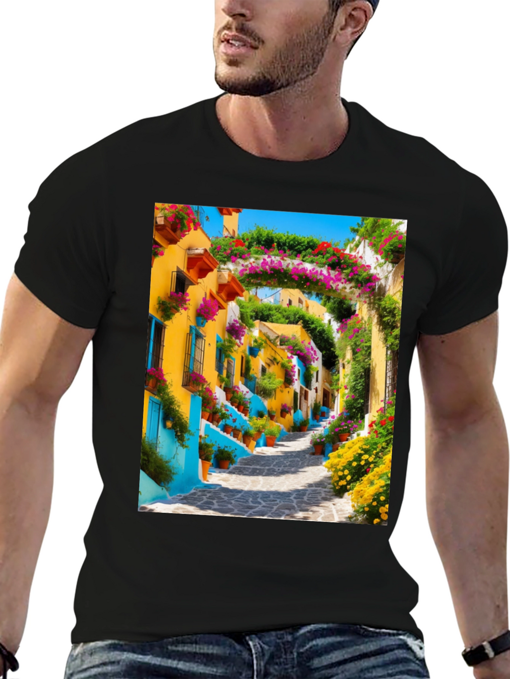 Vibrant Townscape Graphic Tee - Black