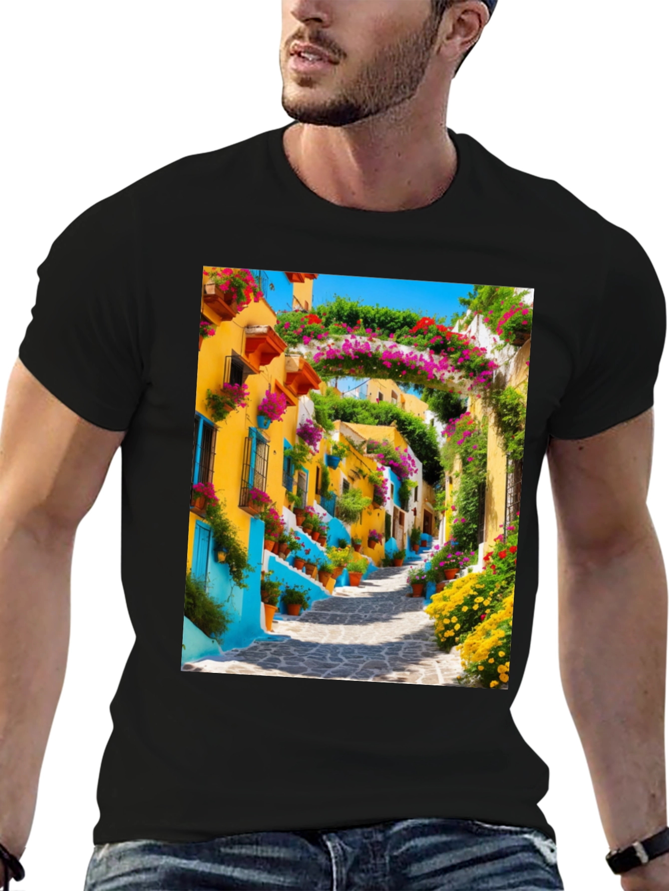 Vibrant Townscape Graphic Tee - Black