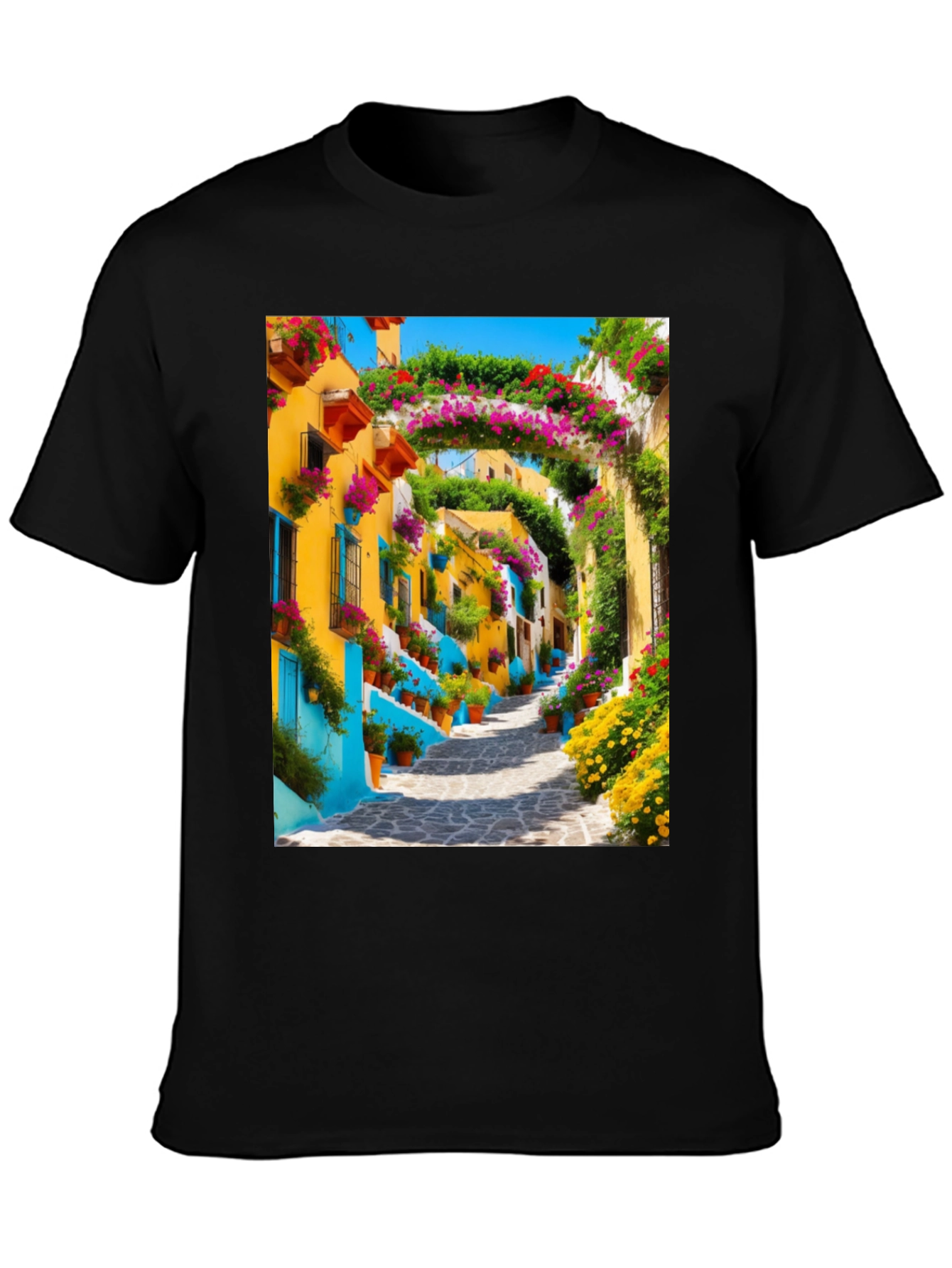 Vibrant Townscape Graphic Tee - Black