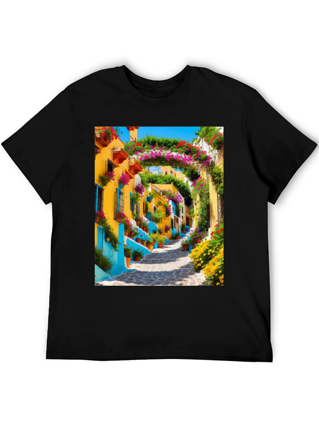 Vibrant Townscape Graphic Tee - Black