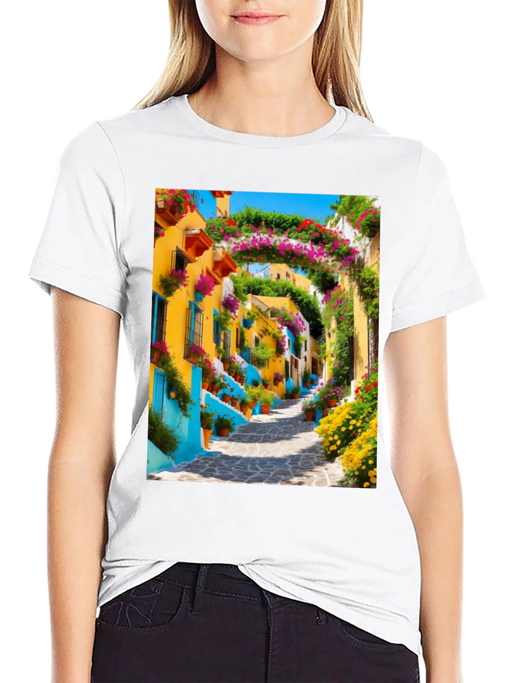 Vibrant Townscape Graphic Tee - Black