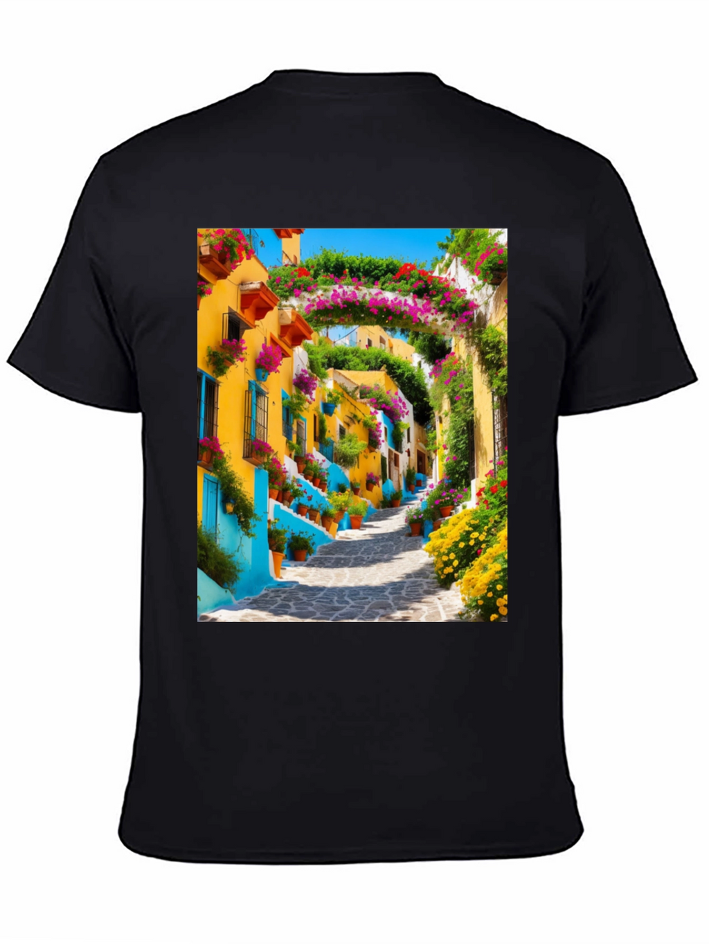 Vibrant Townscape Graphic Tee - Black