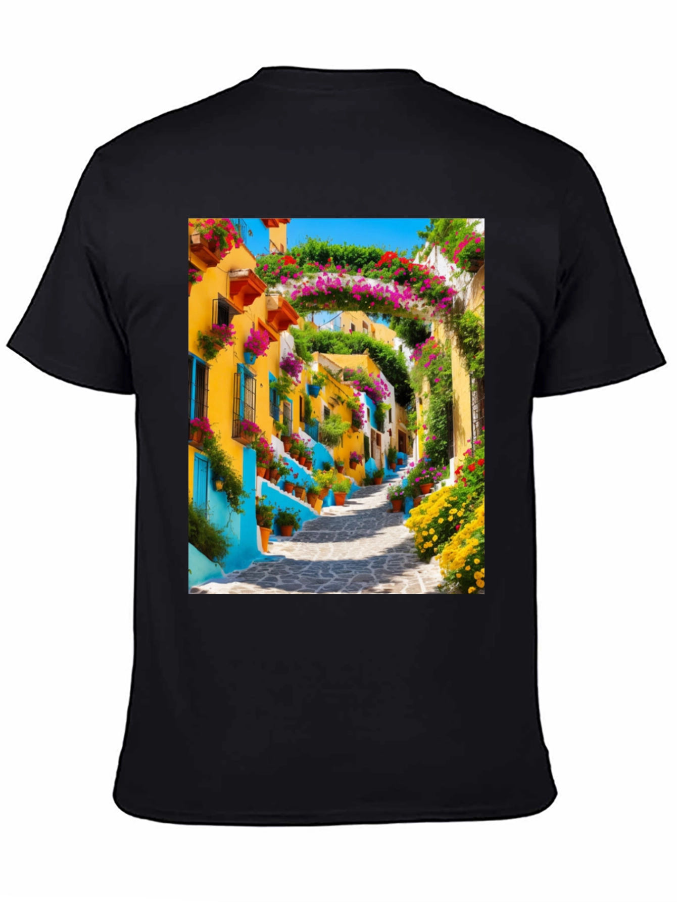 Vibrant Townscape Graphic Tee - Black