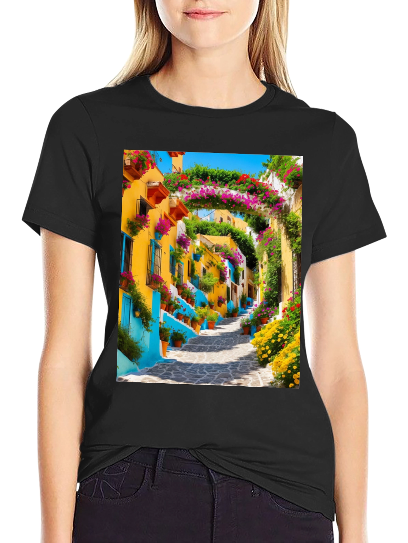 Vibrant Townscape Graphic Tee - Black