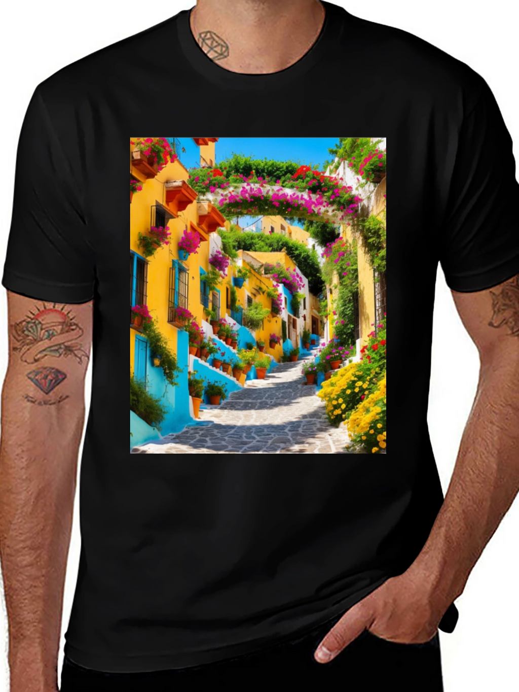 Vibrant Townscape Graphic Tee - Black