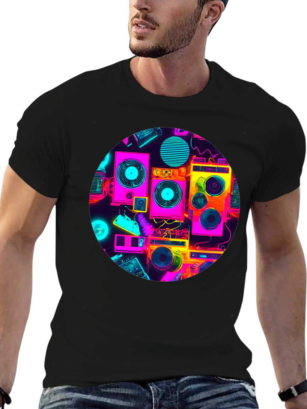 Retro Radio Print Black T-Shirt