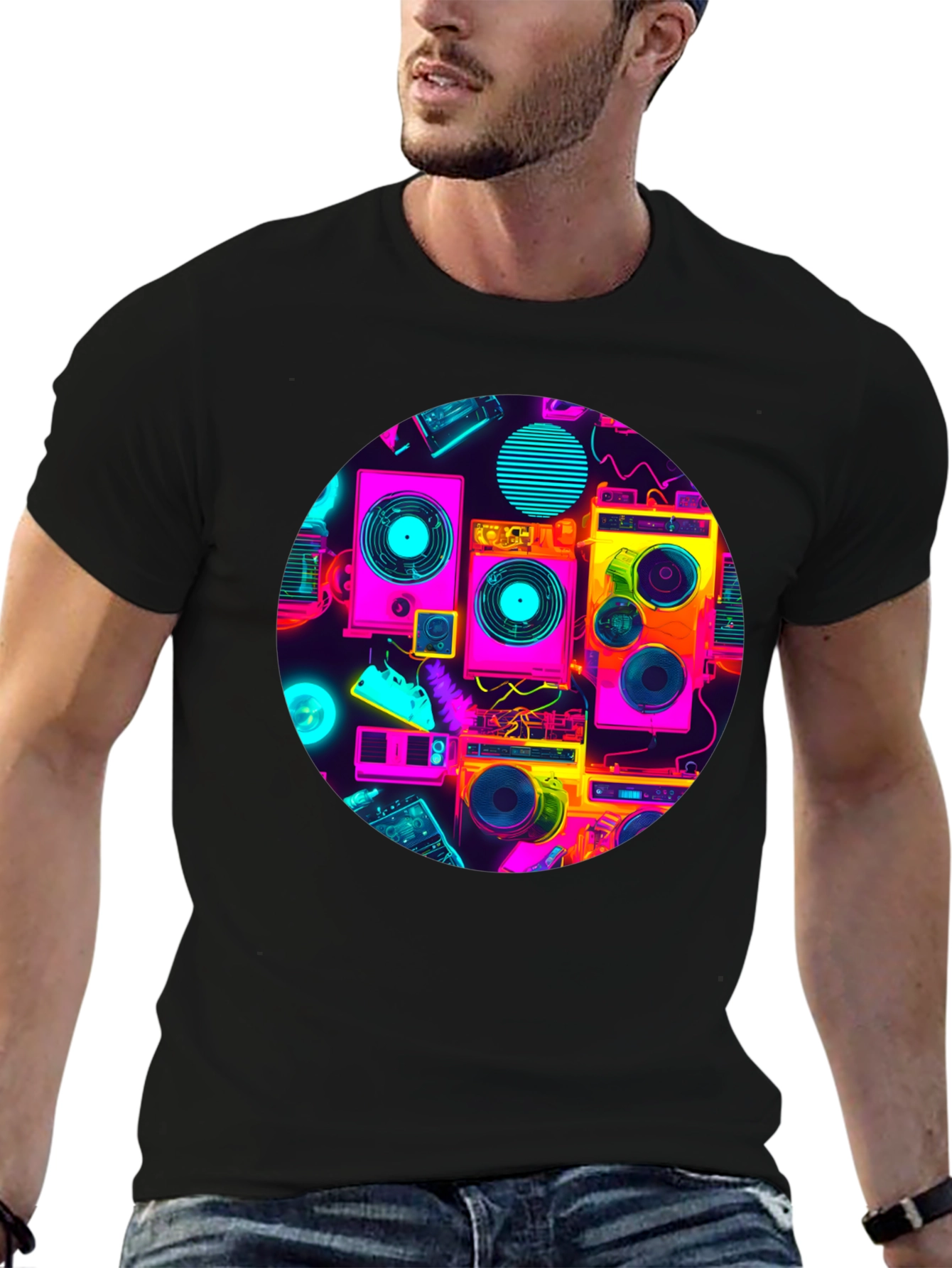 Retro Radio Print Black T-Shirt