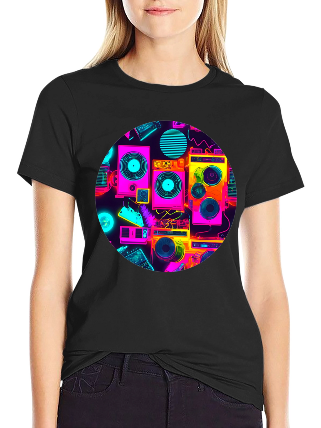 Retro Radio Print Black T-Shirt