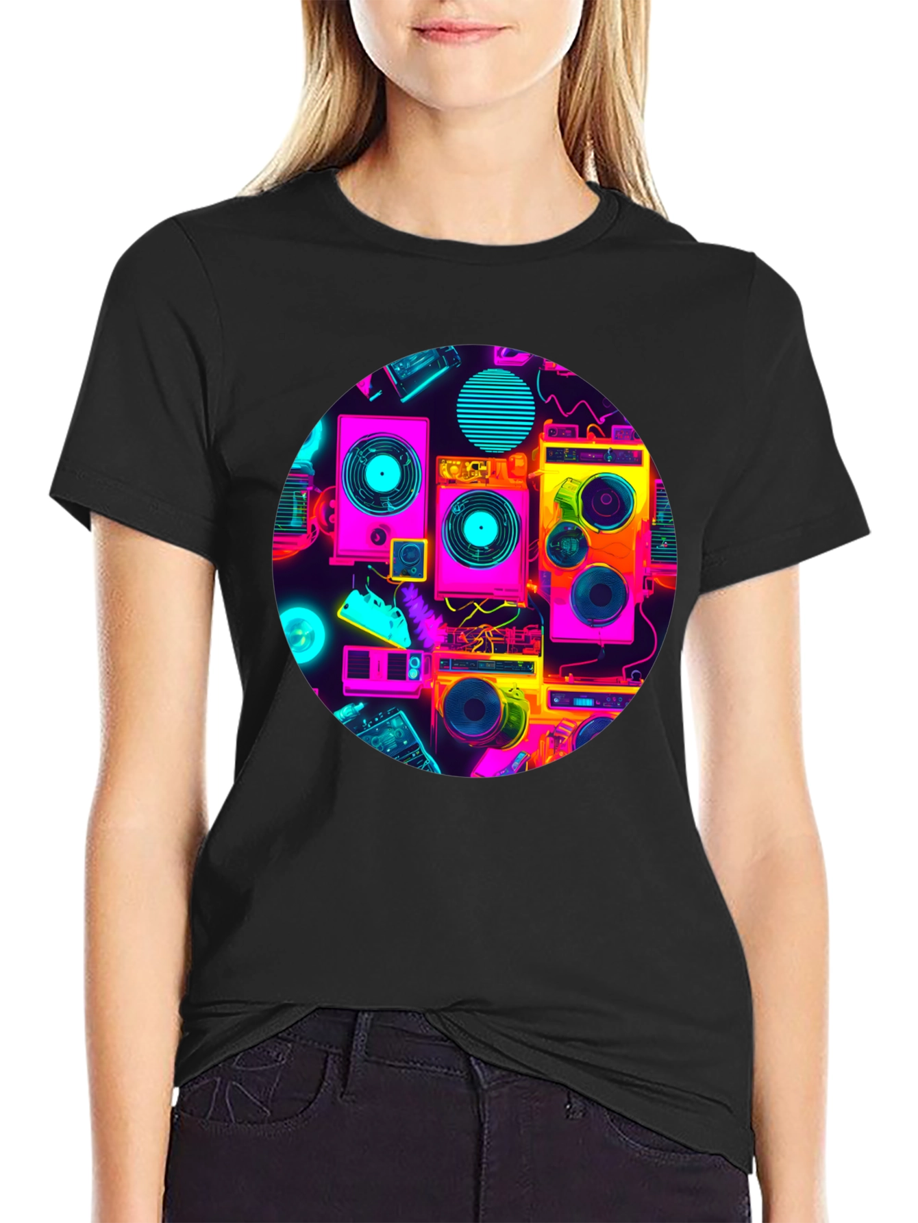 Retro Radio Print Black T-Shirt
