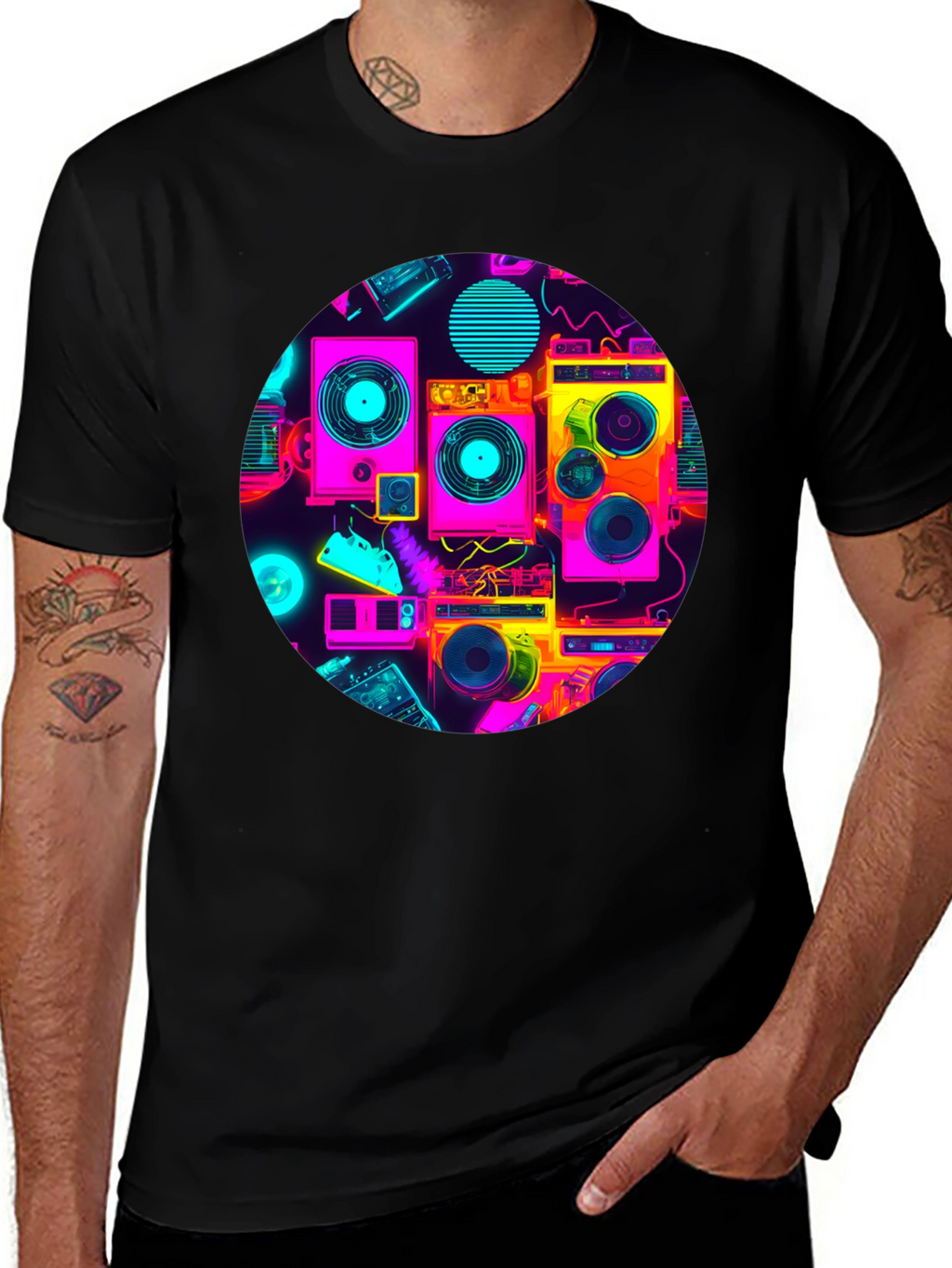 Retro Radio Print Black T-Shirt