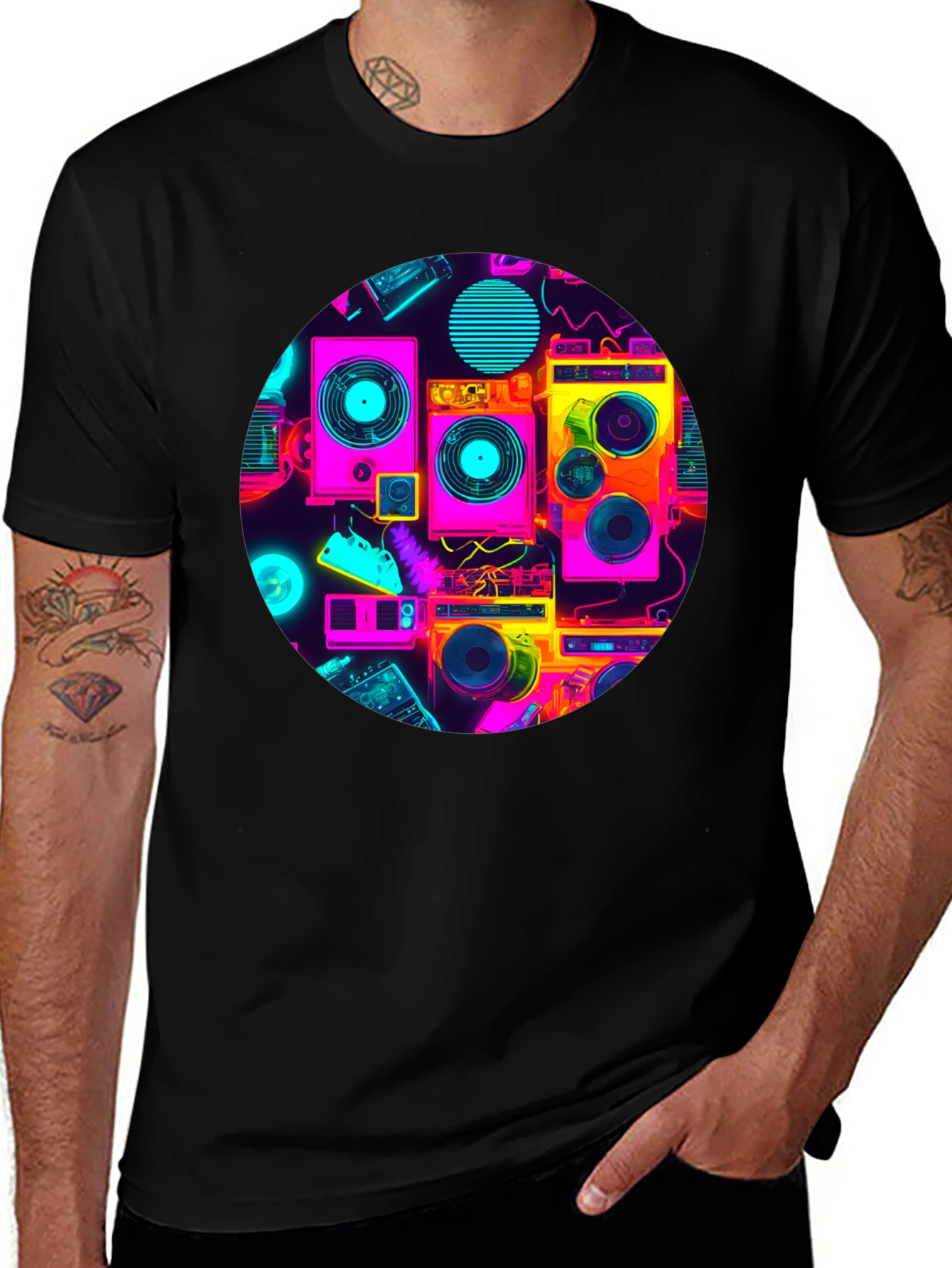 Retro Radio Print Black T-Shirt