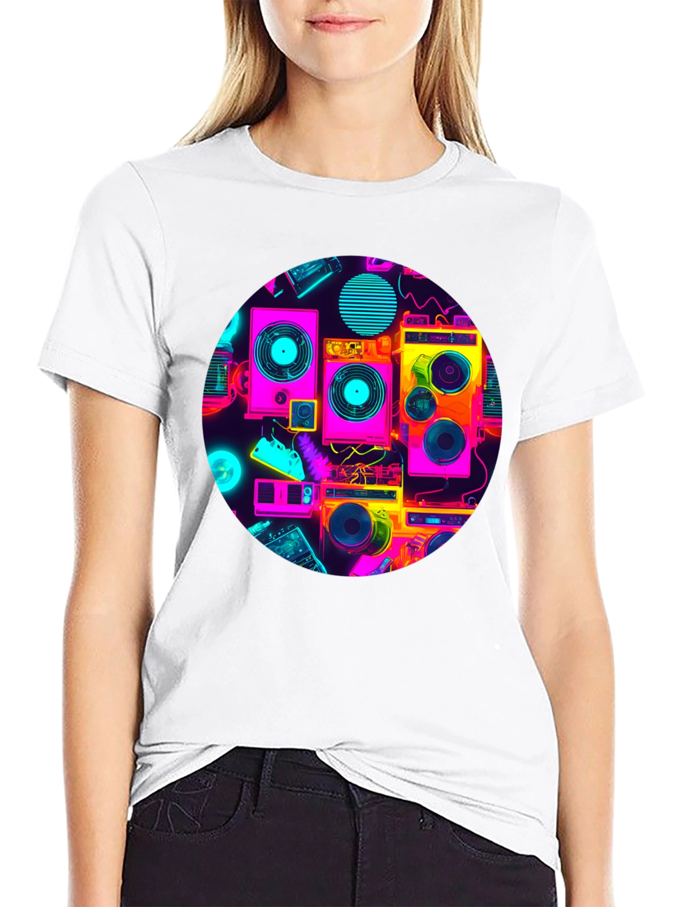 Retro Radio Print Black T-Shirt