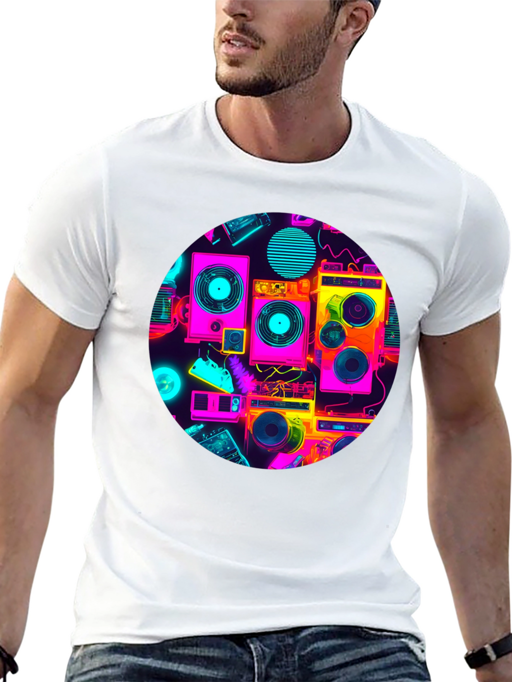 Retro Radio Print Black T-Shirt
