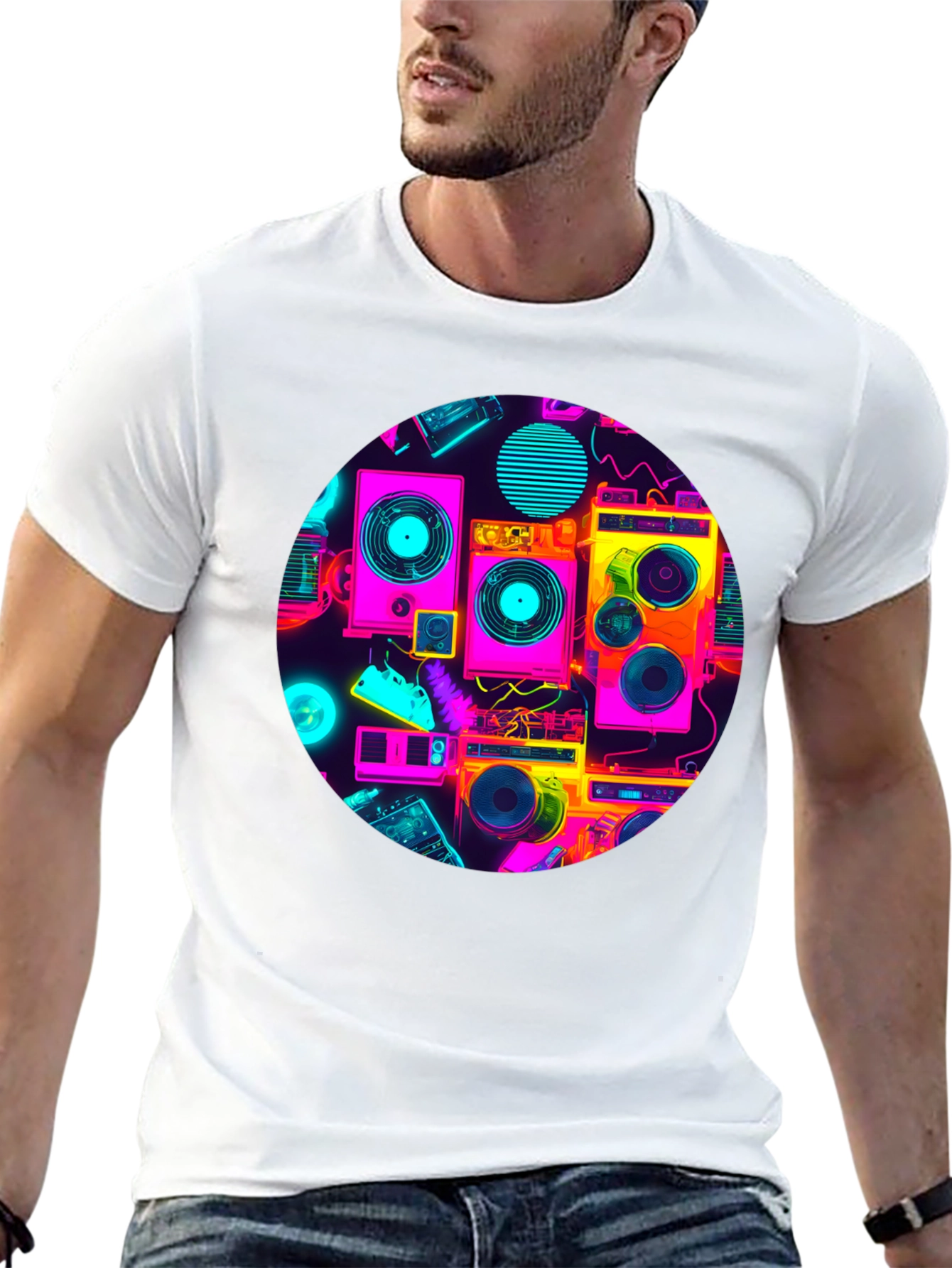 Retro Radio Print Black T-Shirt
