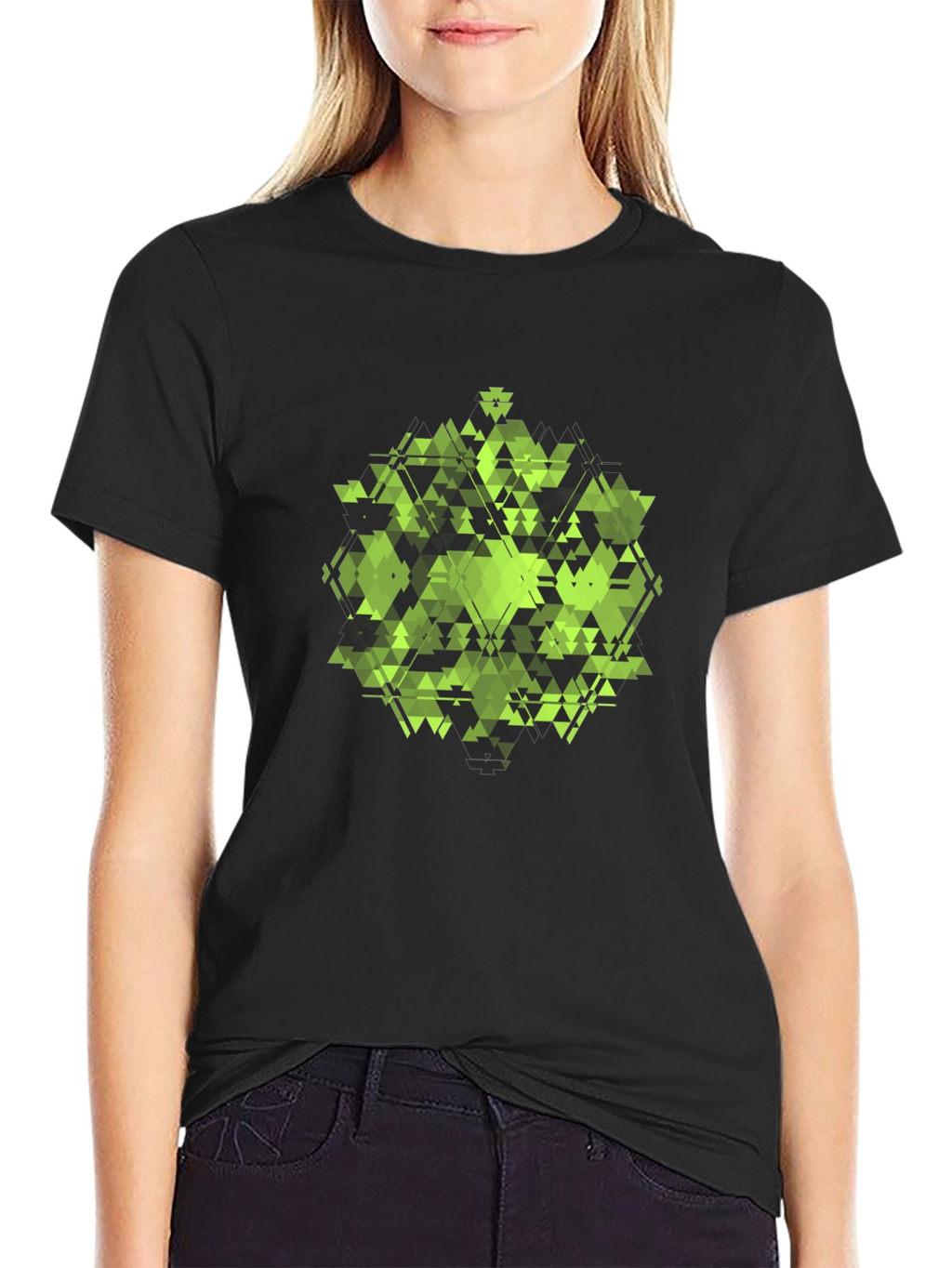 Geometric Green Triangle Pattern Black T-Shirt