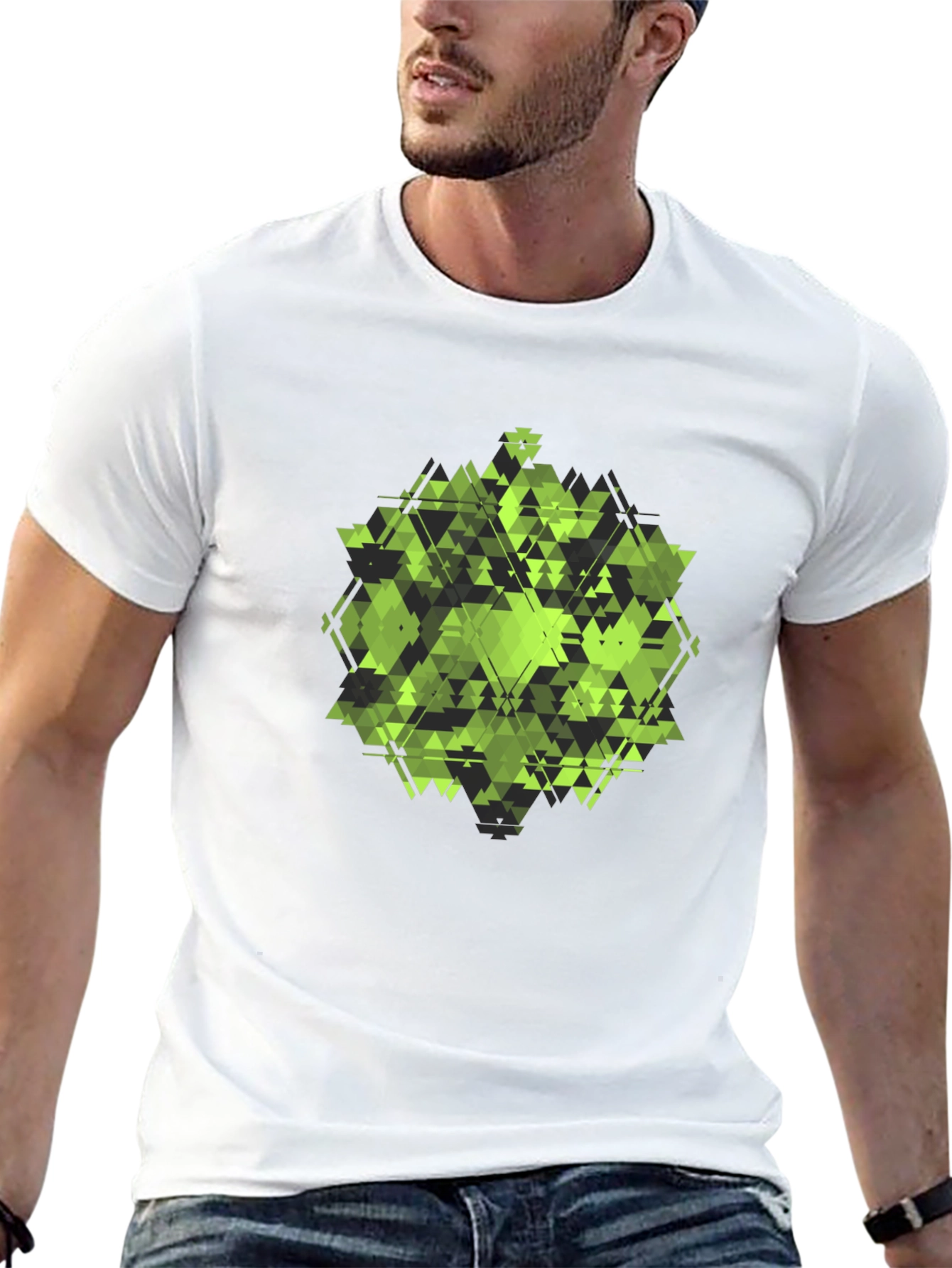 Geometric Green Triangle Pattern Black T-Shirt