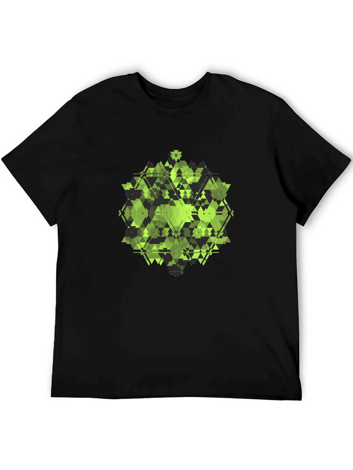 Geometric Green Triangle Pattern Black T-Shirt