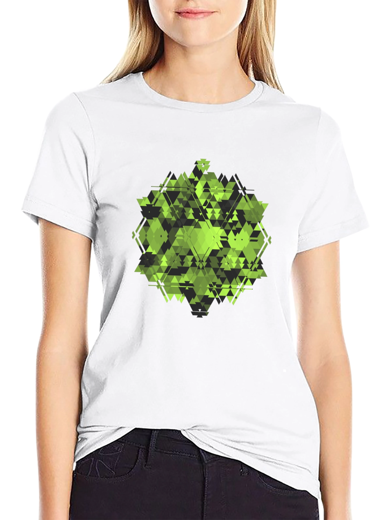 Geometric Green Triangle Pattern Black T-Shirt