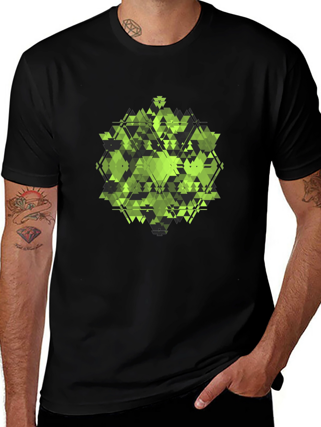 Geometric Green Triangle Pattern Black T-Shirt