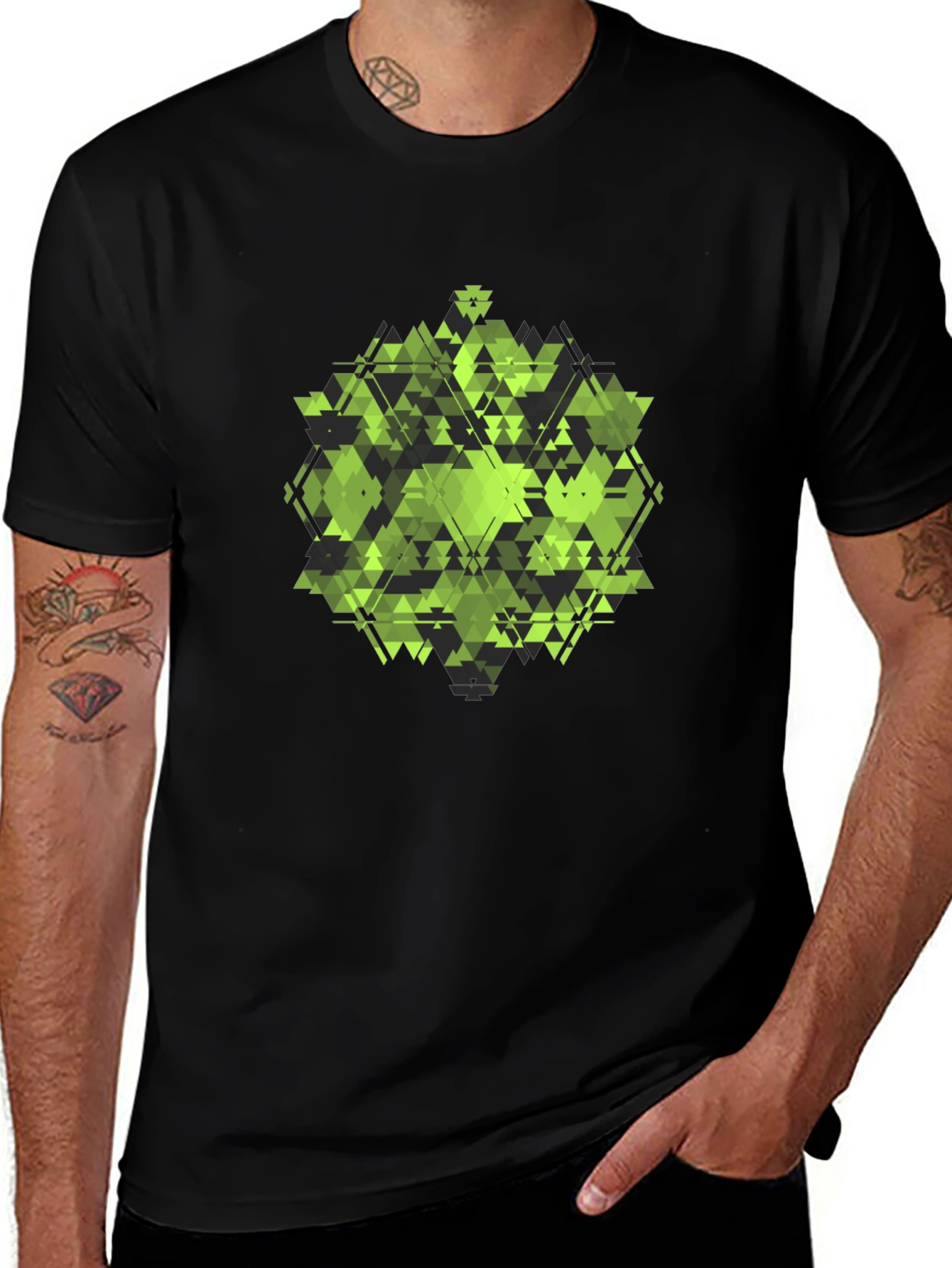 Geometric Green Triangle Pattern Black T-Shirt