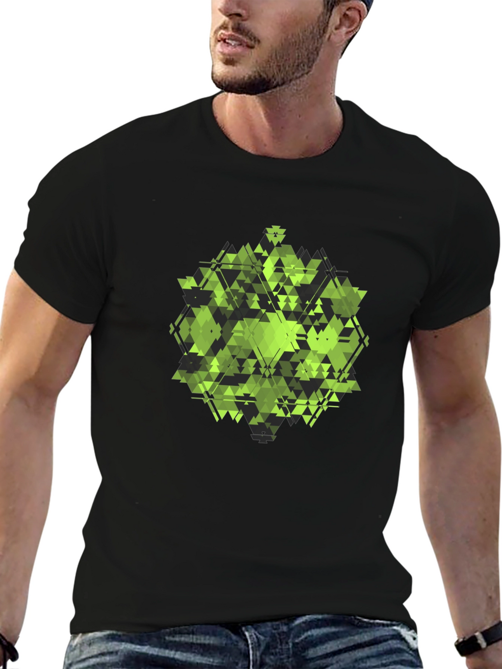 Geometric Green Triangle Pattern Black T-Shirt