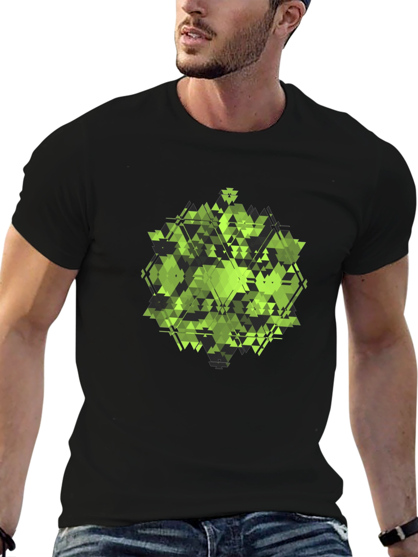 Geometric Green Triangle Pattern Black T-Shirt