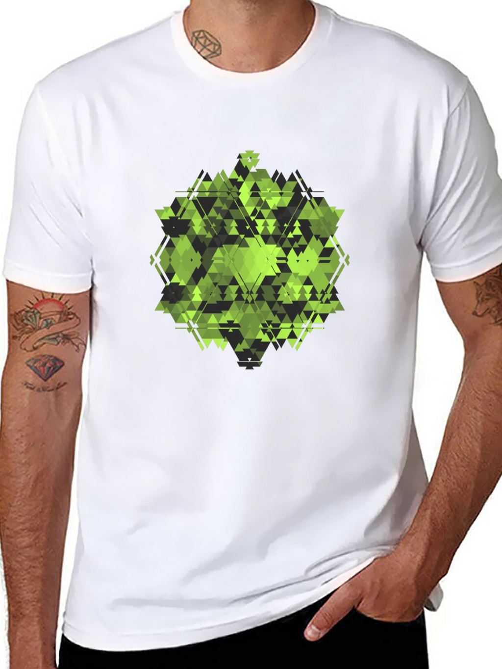 Geometric Green Triangle Pattern Black T-Shirt