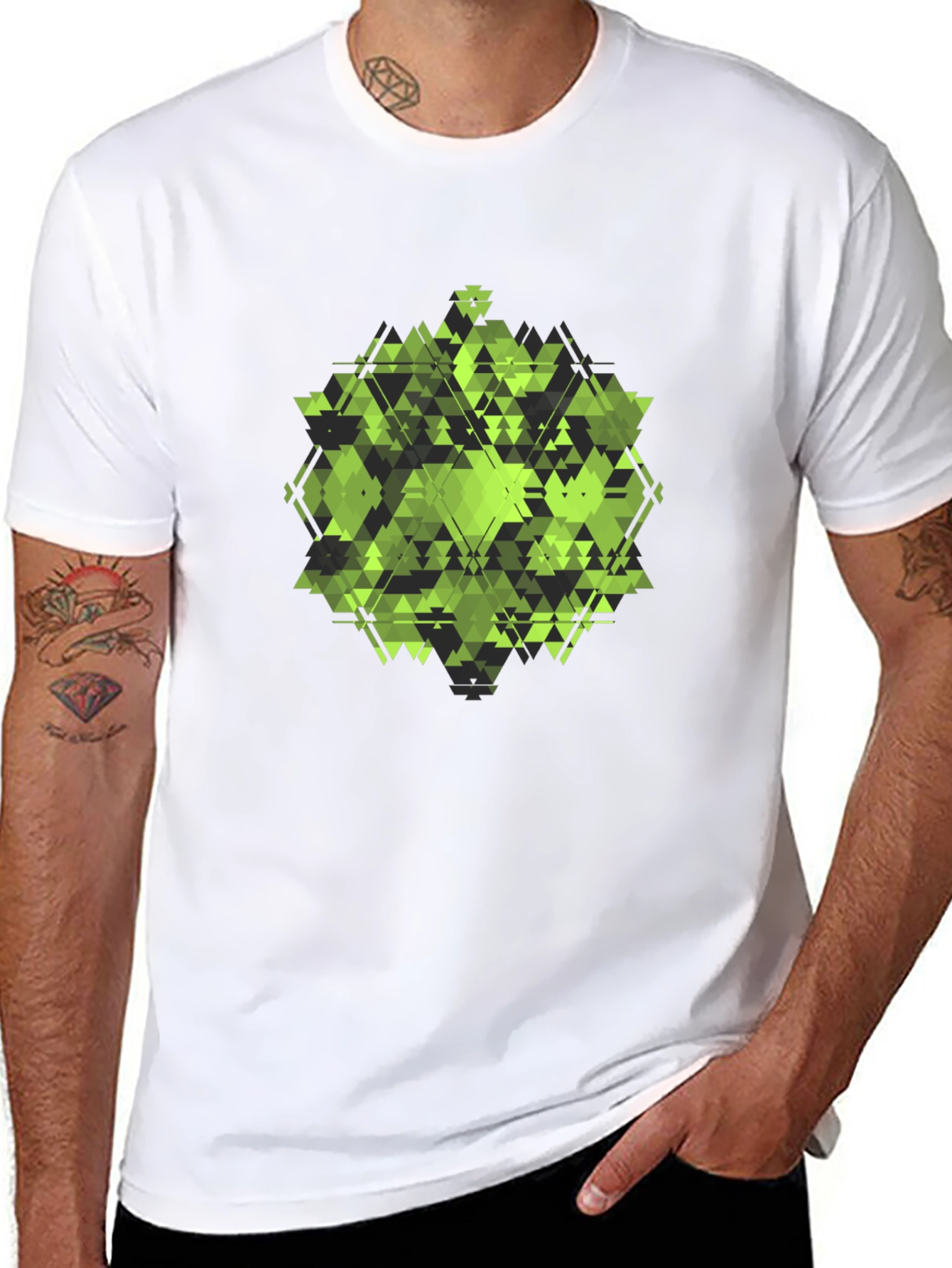 Geometric Green Triangle Pattern Black T-Shirt