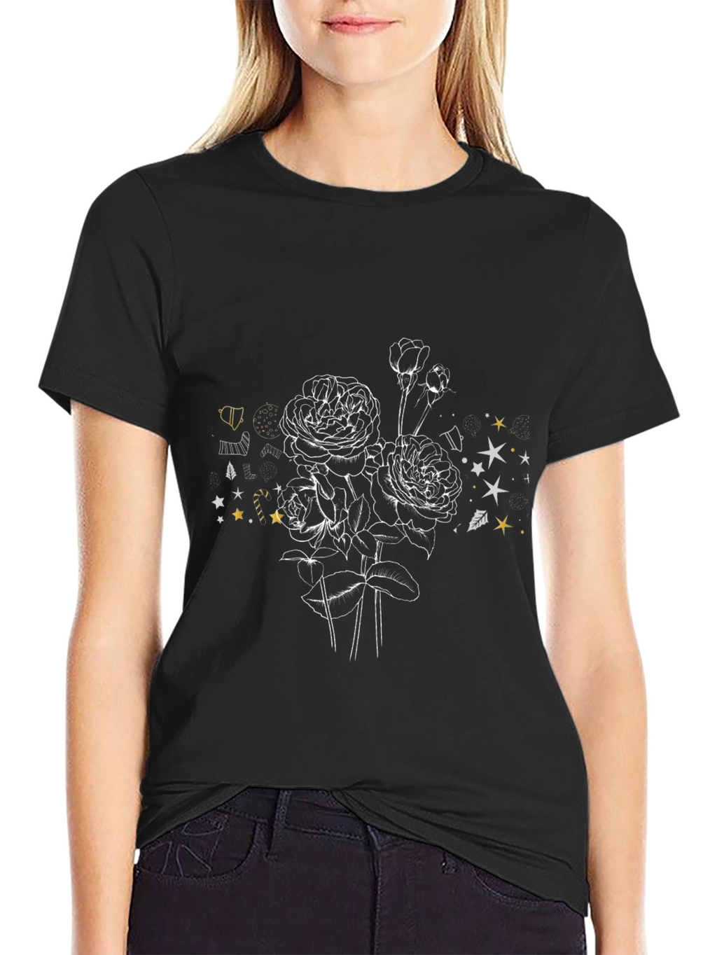 Floral Sketch Graphic Tee - Stylish Black T-Shirt