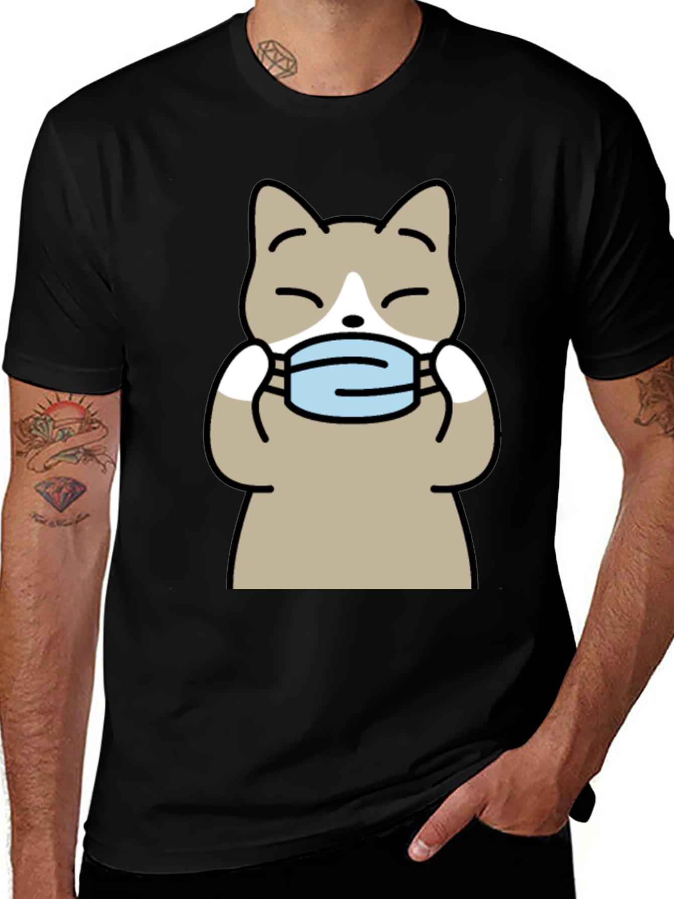 Cat with Mask Graphic Tee - Unisex Black T-Shirt