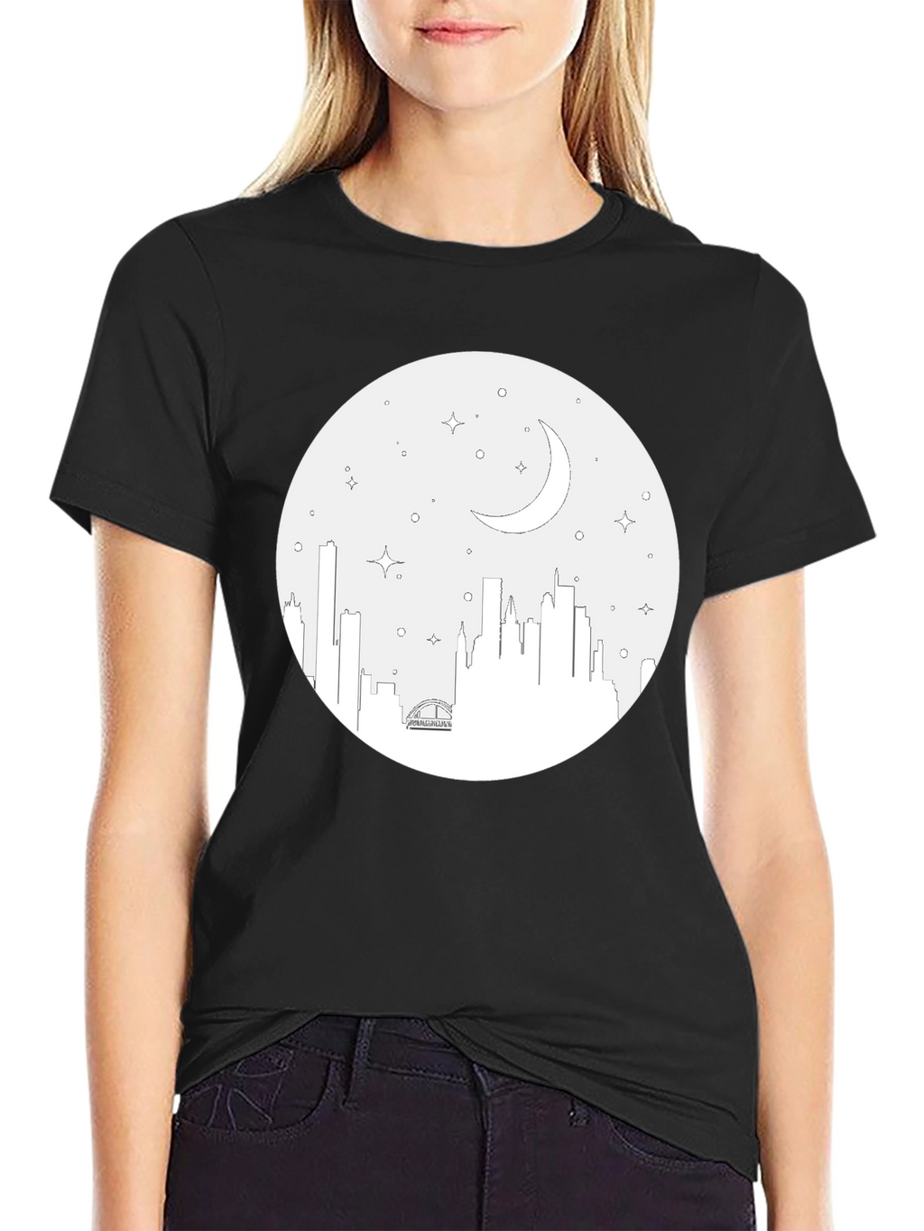 Cityscape Moon Graphic Tee - Black Cotton T-Shirt