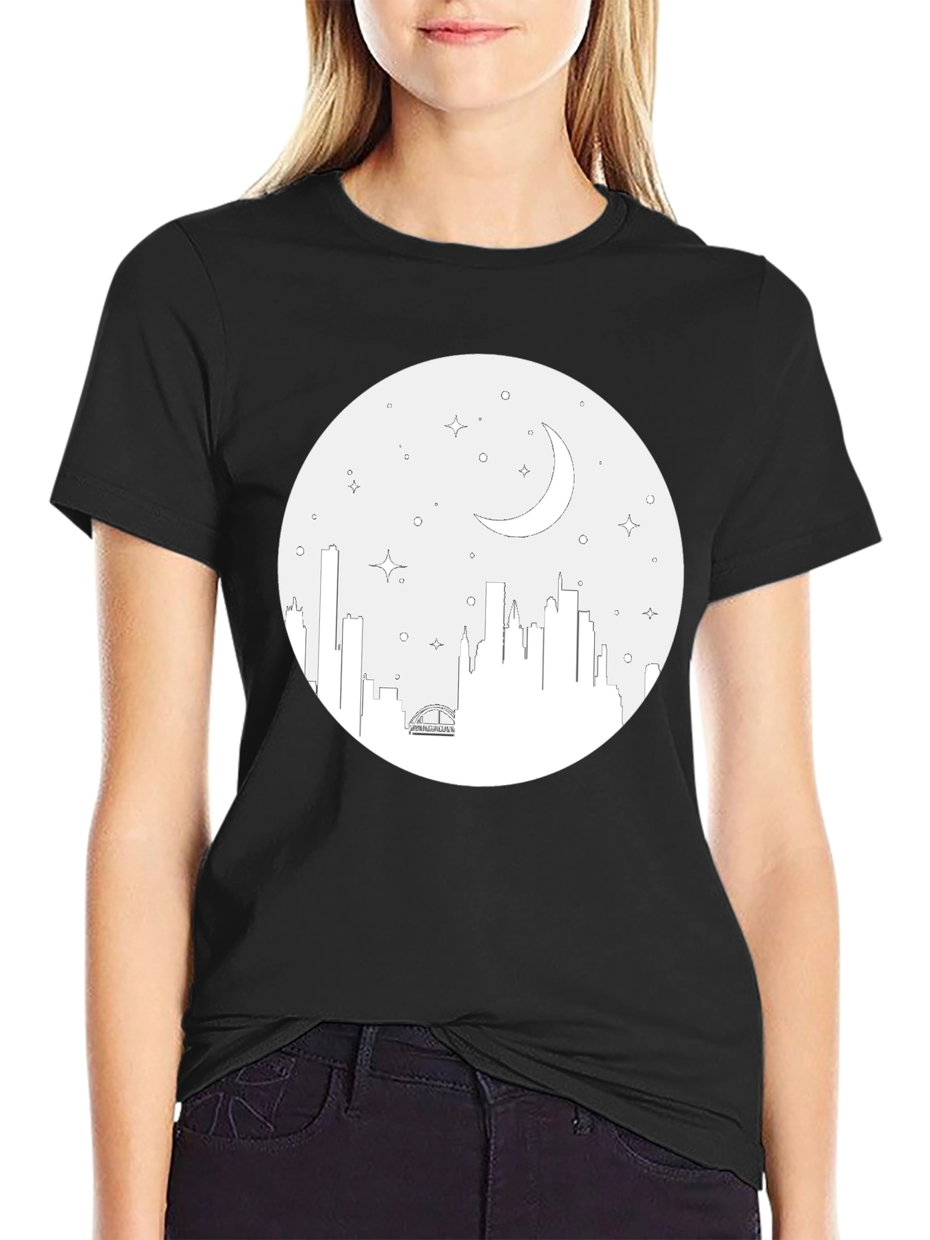 Cityscape Moon Graphic Tee - Black Cotton T-Shirt