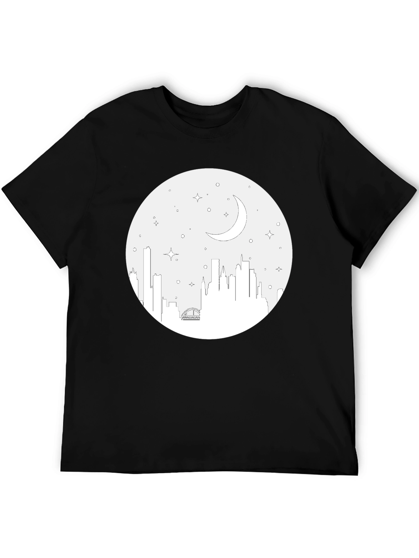 Cityscape Moon Graphic Tee - Black Cotton T-Shirt