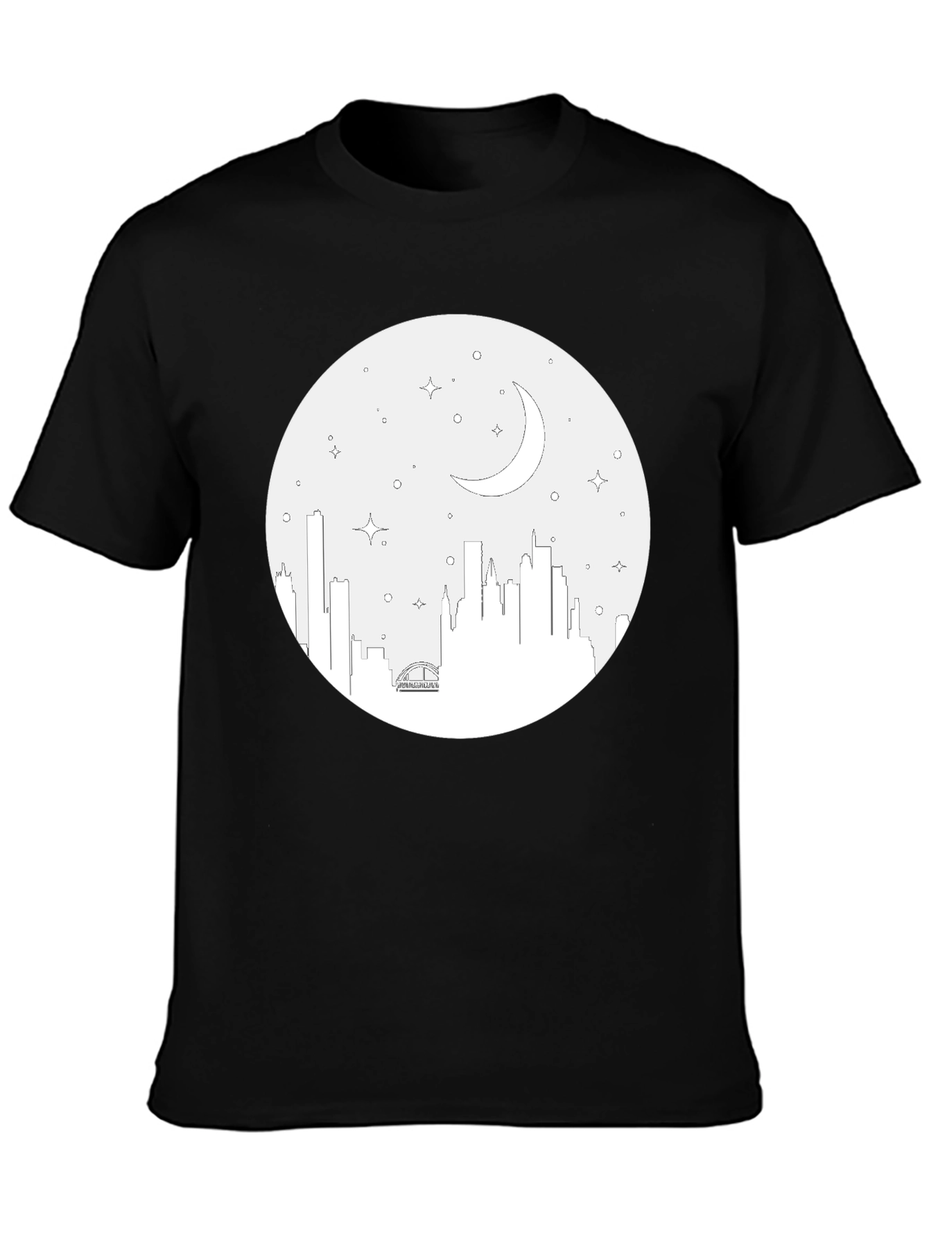 Cityscape Moon Graphic Tee - Black Cotton T-Shirt