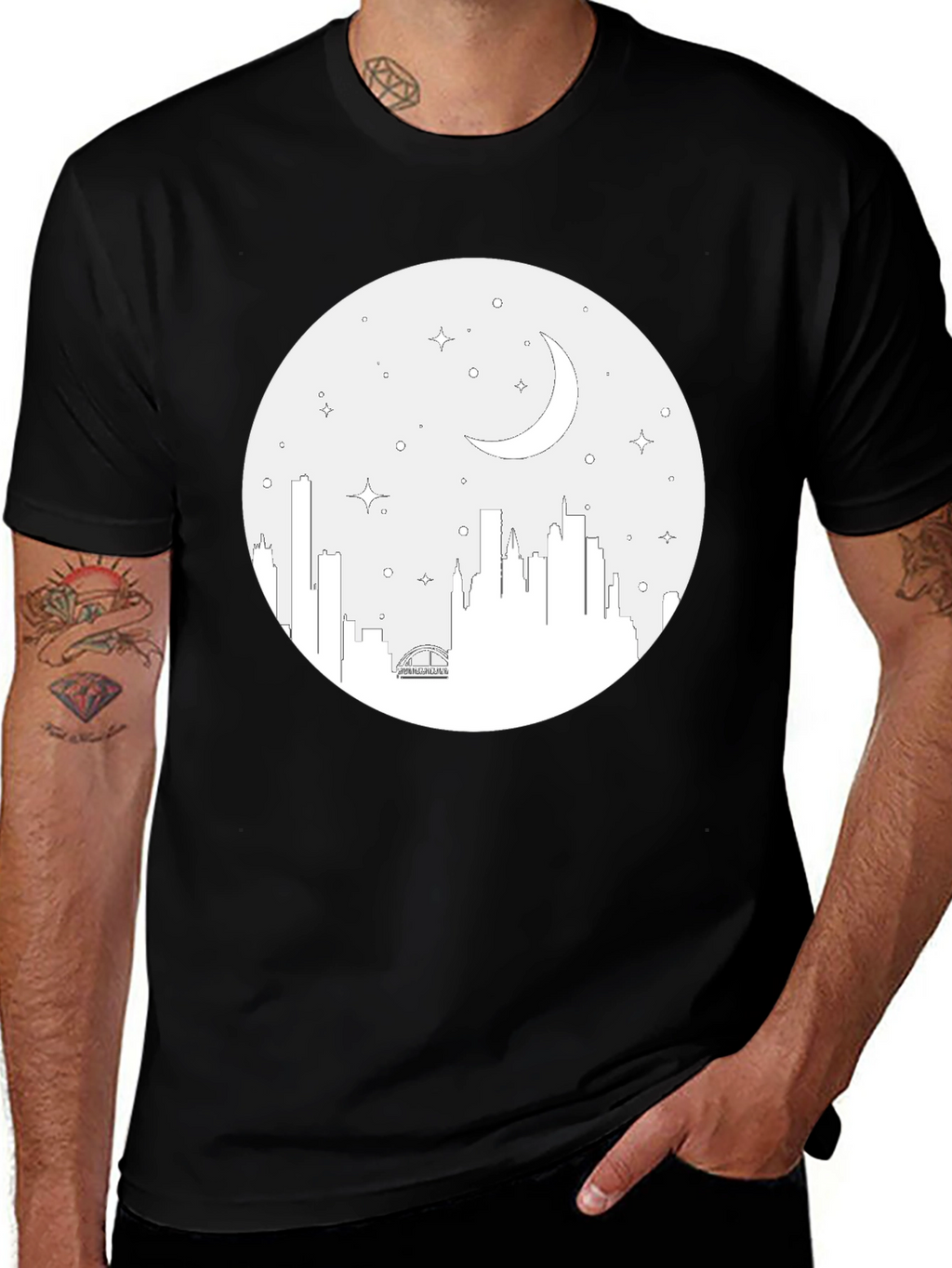Cityscape Moon Graphic Tee - Black Cotton T-Shirt