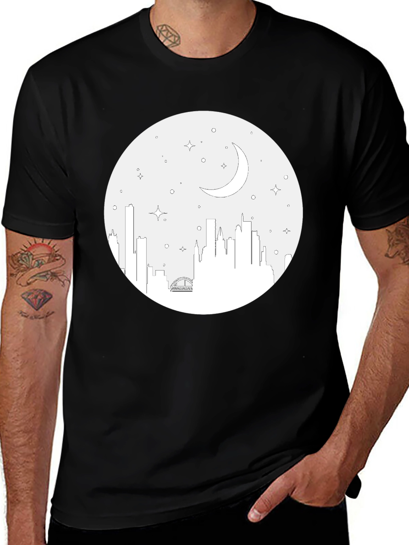 Cityscape Moon Graphic Tee - Black Cotton T-Shirt