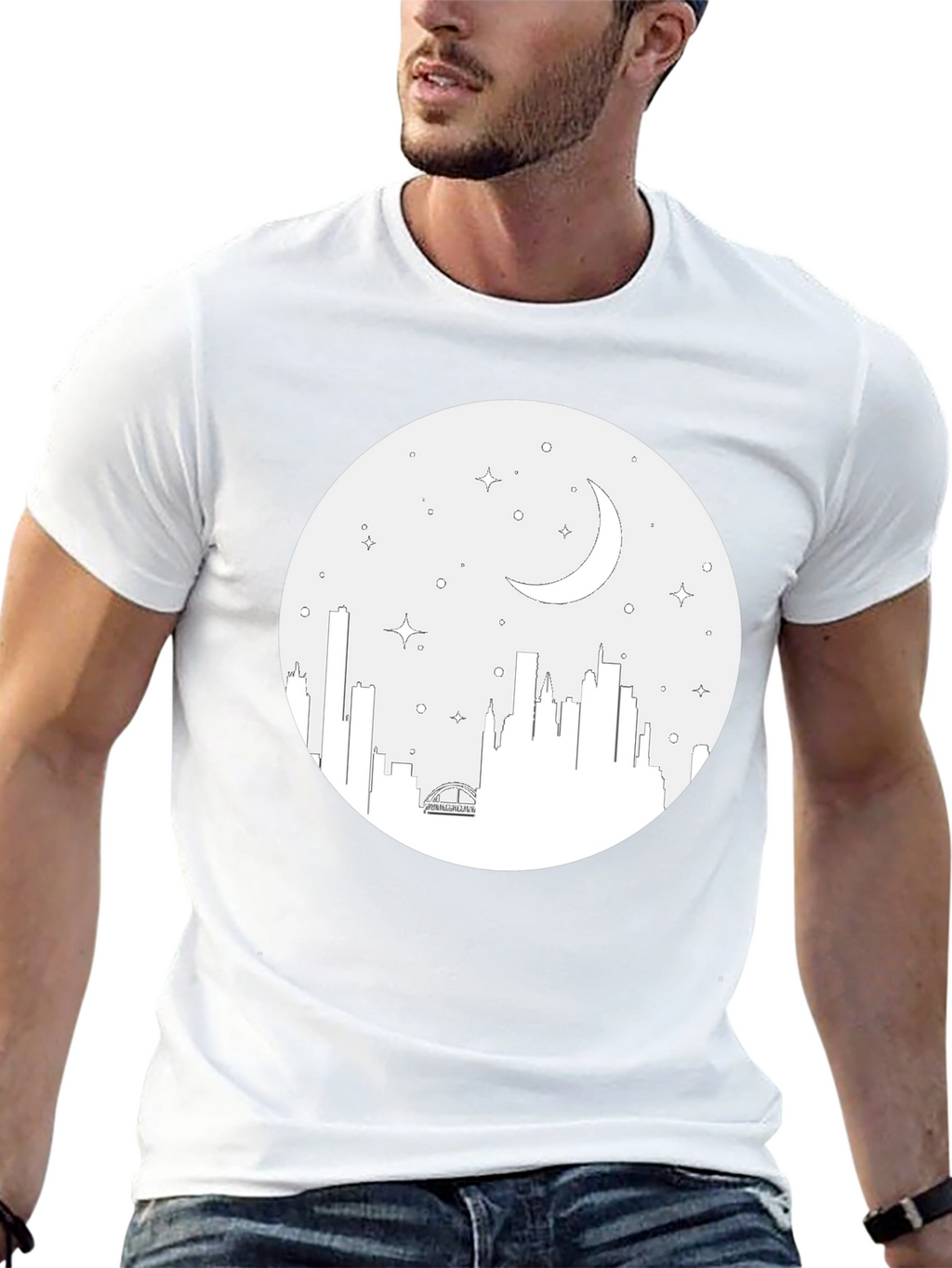 Cityscape Moon Graphic Tee - Black Cotton T-Shirt