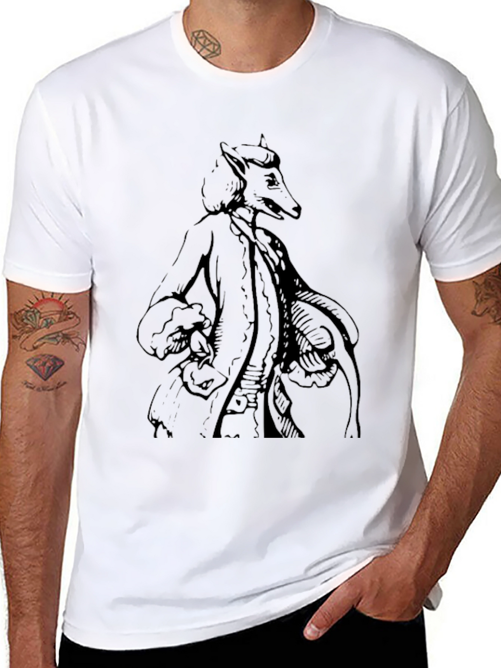 Black T-Shirt with Anthropomorphic Fox Design