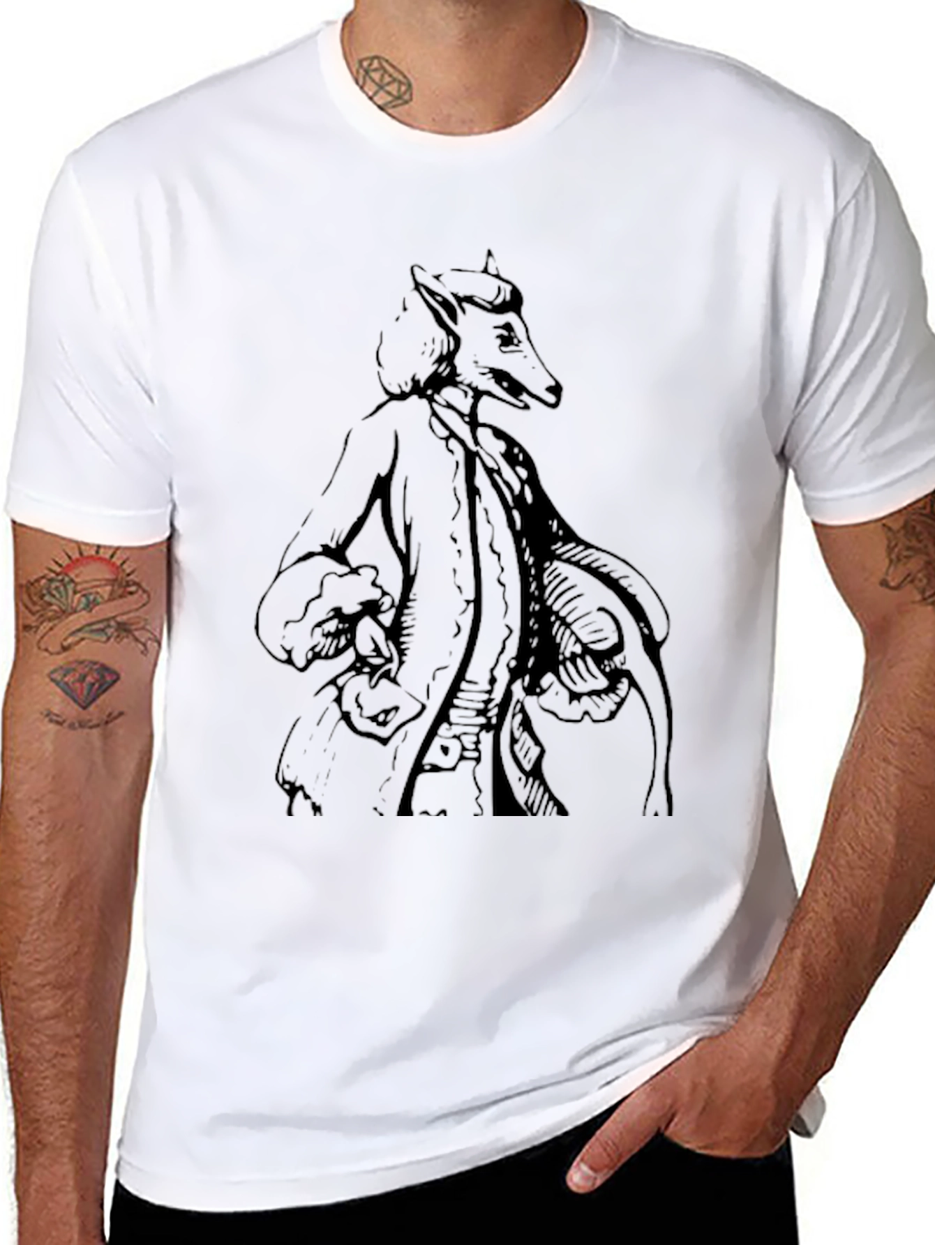 Black T-Shirt with Anthropomorphic Fox Design