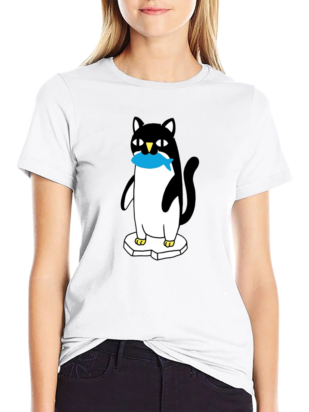 Cat Penguin Fish Black T-Shirt