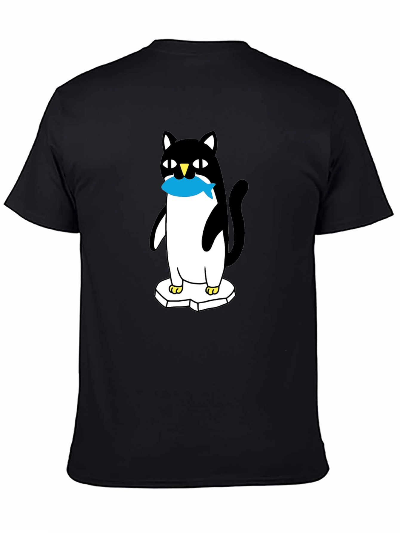 Cat Penguin Fish Black T-Shirt